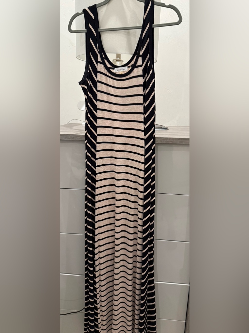 Calvin Klein Black & Cream Striped Maxi Dress